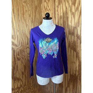 Harley Davidson Anchorage Alaska Purple Floral Long Sleeve Shirt XS V-Ne…